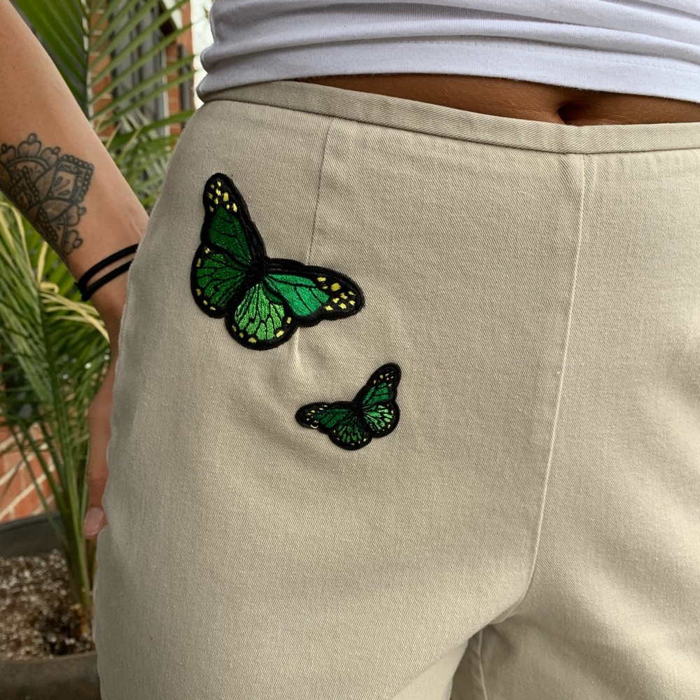 Khaki pants, butterfly embroidery